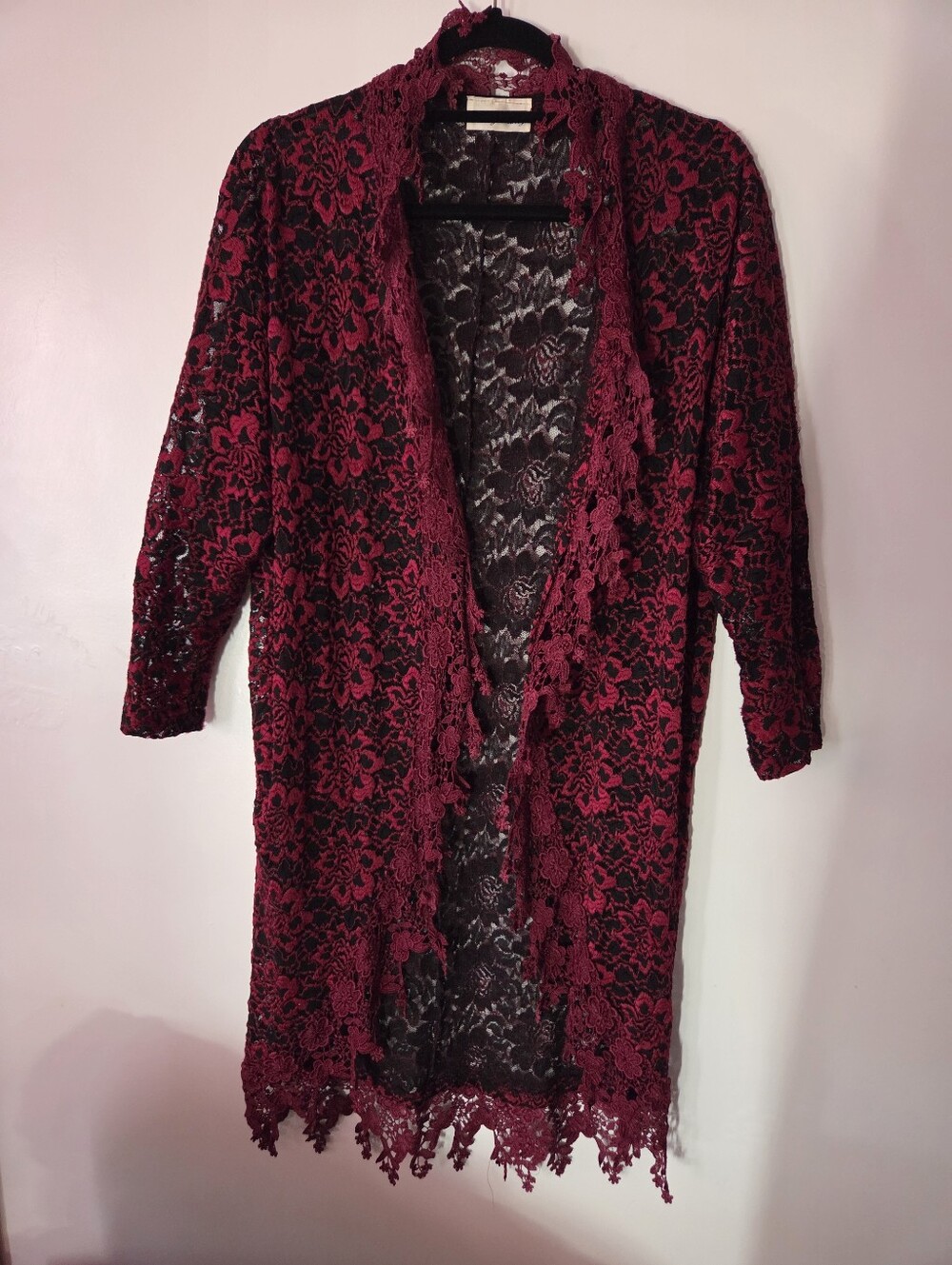 Pretty Fancy Lace Open-Front Cardigan Sweater in Burgundy